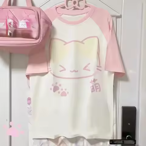 美学日系垃圾T恤Y2k原宿动漫卡通猫上衣T恤短袖女卡哇伊服装街头服饰