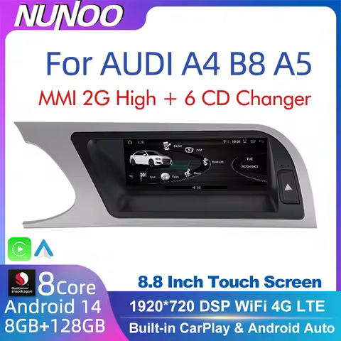 CarPlay 适用于奥迪 A4 B8 A5 2008 2009 2010 MMI 2G 高 CD 换碟机 Android 14 8+128GB 汽车多媒体播放器立体声 GPS 导航屏幕
