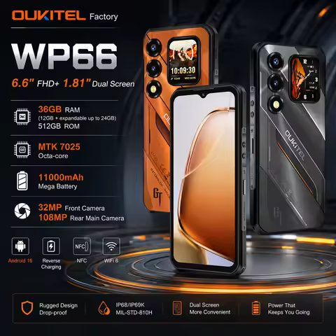 全球版 OUKITEL WP66 5G 三防手机 MTK 7025 6.6 英寸 FHD+ 1.81 英寸双屏 36GB+512GB 11000mAh 108MP 智能手机 Android 16