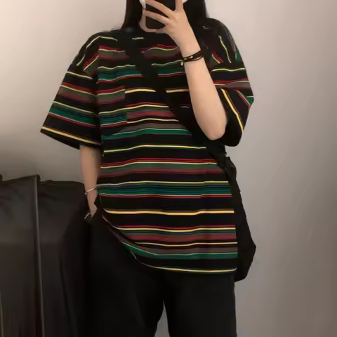女装休闲舒适条纹复古短袖T恤夏季时尚百搭宽松时尚半袖上衣