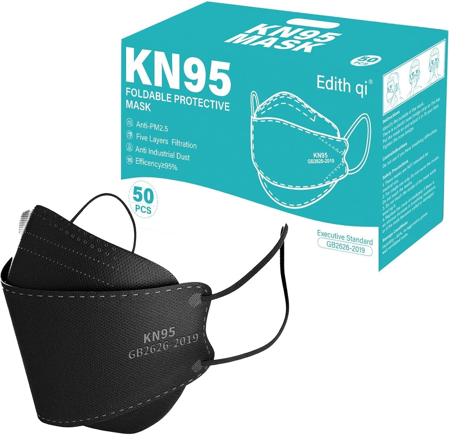 KN95 Face Mask 50 PCS, Individually Wrapped, 5 Ply Black Disposable Face Masks for Adults Filter Efficiency 95%, Protection against PM 2.5 Smoke Particles